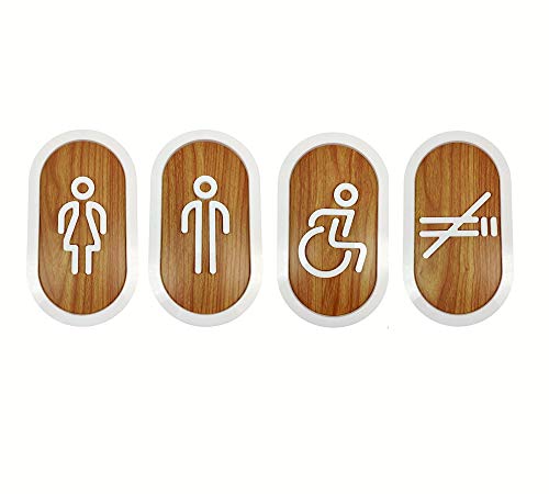 DOJA Barcelona | Toilette Gäste WC Schild Aufkleber | Damen + Herren Behinderten + Rauchen | Weiß - Holz | 180x100mm Ø | Selbstklebend WC-Tuerschild Toilettenschild