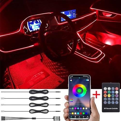 TABEN Auto Atmosphärenlicht Kit Musiksynchronisation Mehrfarbig RGB 16 Millionen Farben 4 Meter Glasfaser USB-Ambientebeleuchtung Kit, drahtlose RF-Fernbedienung und Bluetooth-App-Steuerung DC 12V