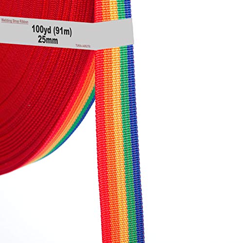 91 Meter x 25mm PP Gurtband - 1,1mm Stark - Regenbogen Gurtband aus Polypropylen - 91 Meter (100YD) Länge und 25 mm Breite, 5 Farben, TKB5073