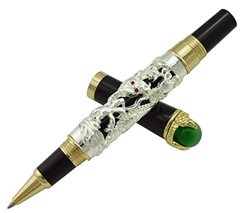 Jinhao Tintenroller mit chinesischem Drachenspiel, handgefertigt, aus grüner Jade-Kugelschreiber, glatte Signatur- und Kalligraphie-Stifte, Business-Stifte mit schwarzer Mine (silberfarben)