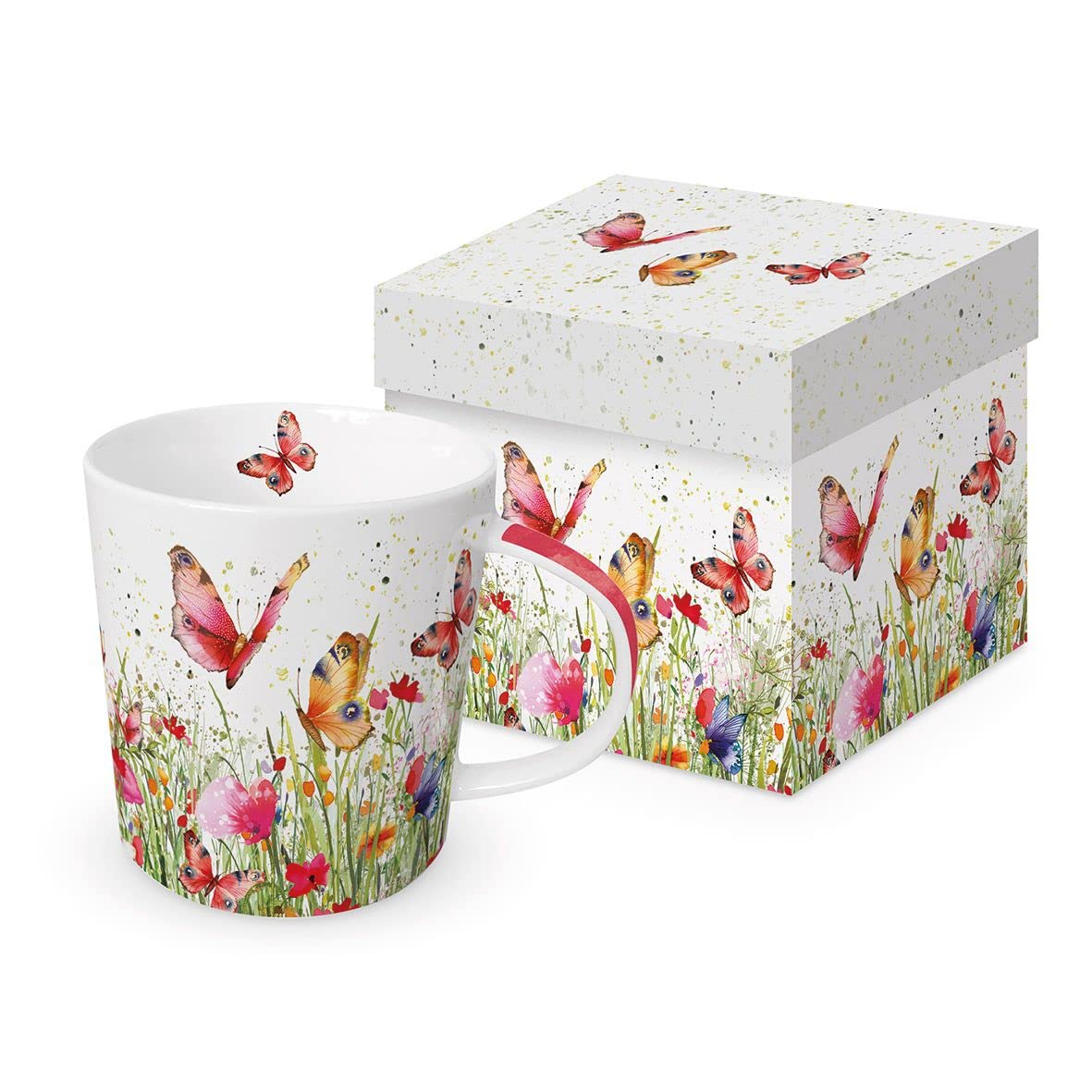 Kaffeebecher Blumenfeld mit Geschenkbox, Tasse Blumen, Schmetterlinge, Mohnblumen Sommer