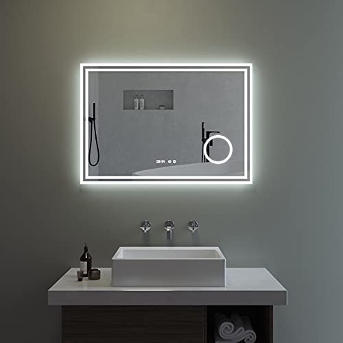 AQUABATOS® 100x70 cm Badspiegel mit LED Beleuchtung Wandspiegel Badezimmerspiegel antibeschlag mit Digital Uhr Kosmetikspiegel Schminkspiegel 3-Fach Vergrößerung kaltweiß 6400K Touch dimmbar