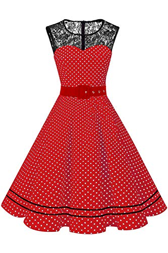 Axoe Damen Swing Kleid Rockabilly Vintage Polka Dot mit Spitzen Rot Gr.48