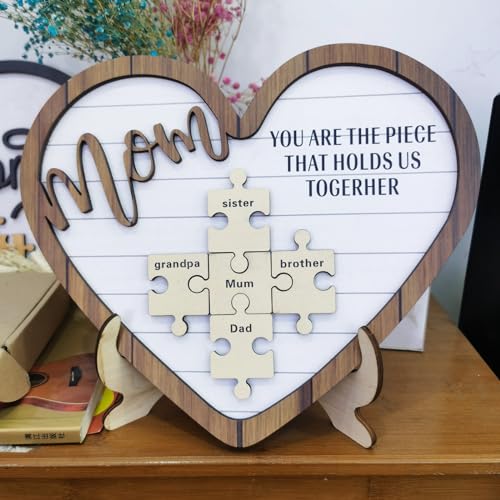 Holzpuzzle-Schild zum Muttertag, personalisiertes Geschenk für Mutter, Mutter, You Are The Piece That Holds Us Together, Herzförmiges Namens-Puzzle, individuelles Puzzle-Namensschild, Geschenk für