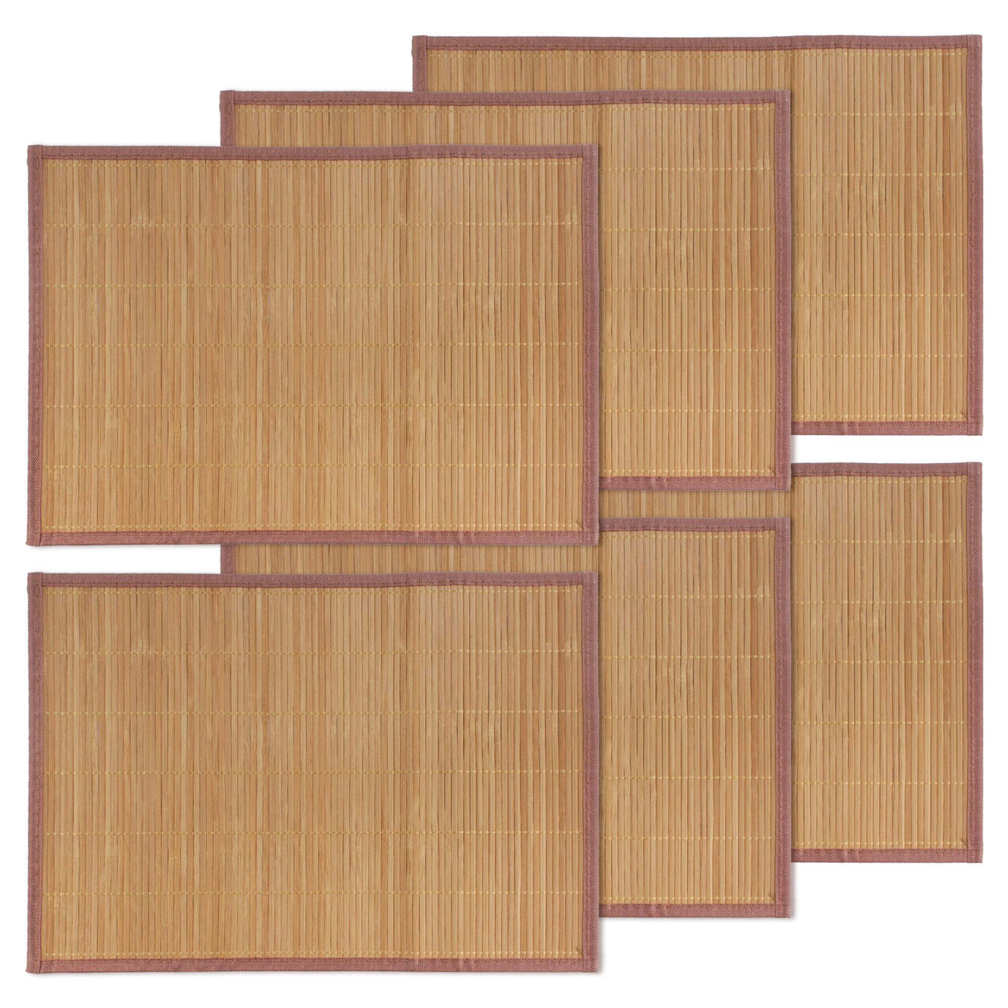 BambooMN Bambus-Lamellen-Tischset mit braunem Stoffrand – einfarbiger Druck – 45,7 x 33 cm – karbonisiertes Braun – 6 Stück