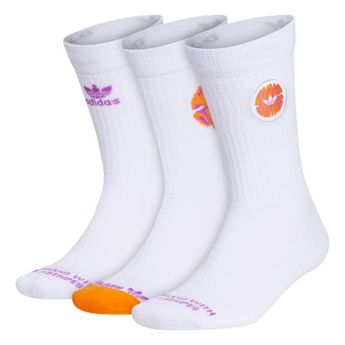 adidas Originals Unisex Gepolsterte Crew-Socken, gemischte Grafiken, 3 Paar, Weiß/Flash Pink/Bright Orange, L