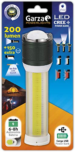 Garza - LED-Taschenlampe aus Aluminium mit drehbarem Kopf für Fokus, Akku bis zu 8 Stunden Kaltlicht 6500 K an der Seite 150 LM und vorne 200 LM. IP44, schwarz, S