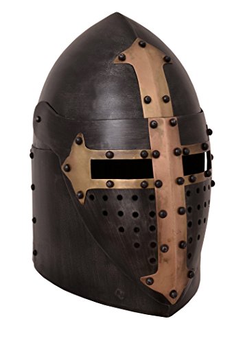 Battle-Merchant Topfhelm mit klappbarem Visier, 1,6 mm Stahl, Antikfinish Mittelalter Helm