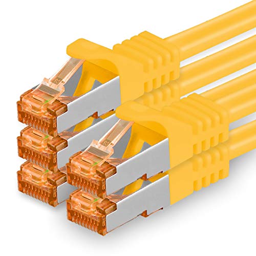 1aTTack.de 7,5m - Cat.7 Netzwerkkabel Gelb - 5 Stück Gigabit Ethernet LAN Kabel 10000 Mbit s Patchkabel Cat7 Kabel S FTP PIMF Schirmung LSZH Cat.7 Rohkabel Rj45 Stecker Cat 6a - 5 x 7,5 Meter