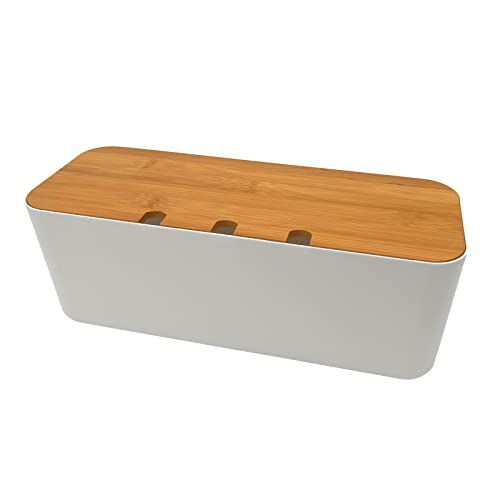 Kabelbox Steckdosenbox Kabelsammler Aufbewahrungsbox für Kabelführungs Ladekabel, ABS Kunststoff mit Belüftung, hölzerne Textur Organizer 36 x 13.5 x 13 cm (Weiß L)