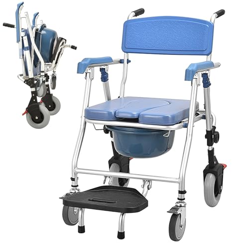 Duschstuhl für Senioren Klappbar, Toilettenstuhl Fahrbar mit Rollen, Duschsitz mit Armlehnen und Rückenlehne, Toilettenstühle für Behinderte, Tragfähigkeit 150kg Blau