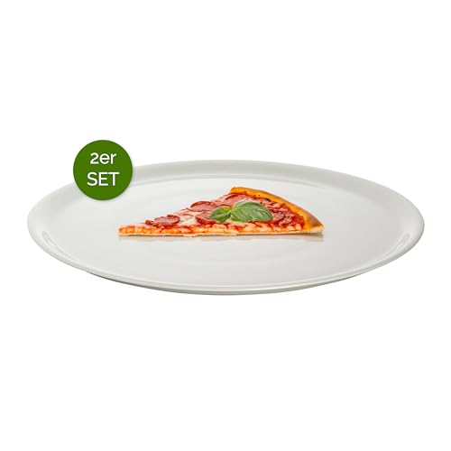 Saturnia flache Teller-Set Napoli, 2 x Pizzateller aus Porzellan Ø35 cm, Teller glänzend weiß, spülmaschinenfest - Modernes Porzellan Geschirr ofen- & mikrowellenfest