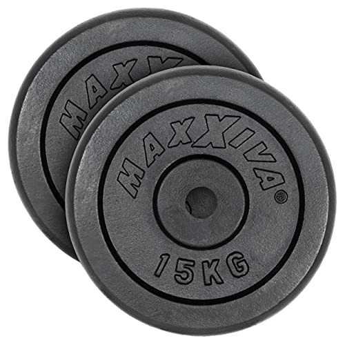 MAXXIVA Hantelscheiben 2er Set Gewichtsplatte je 15 kg 100% Gusseisen schwarz 30 kg Fitness Krafttraining Bodybuilding Workout Gewichtheben Reha