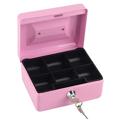 Kleine Geldkassette mit Schlüsselschloss, tragbar, doppellagiger Stahl, abschließbar, Geldaufbewahrung, Sicherheitsbox (Pink)