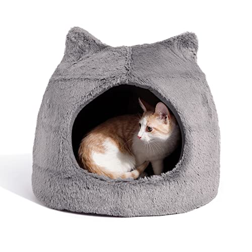 Best Friends by Sheri Meow Hut in Fur Cover Dome Cat and Dog Bed, Gray, Small