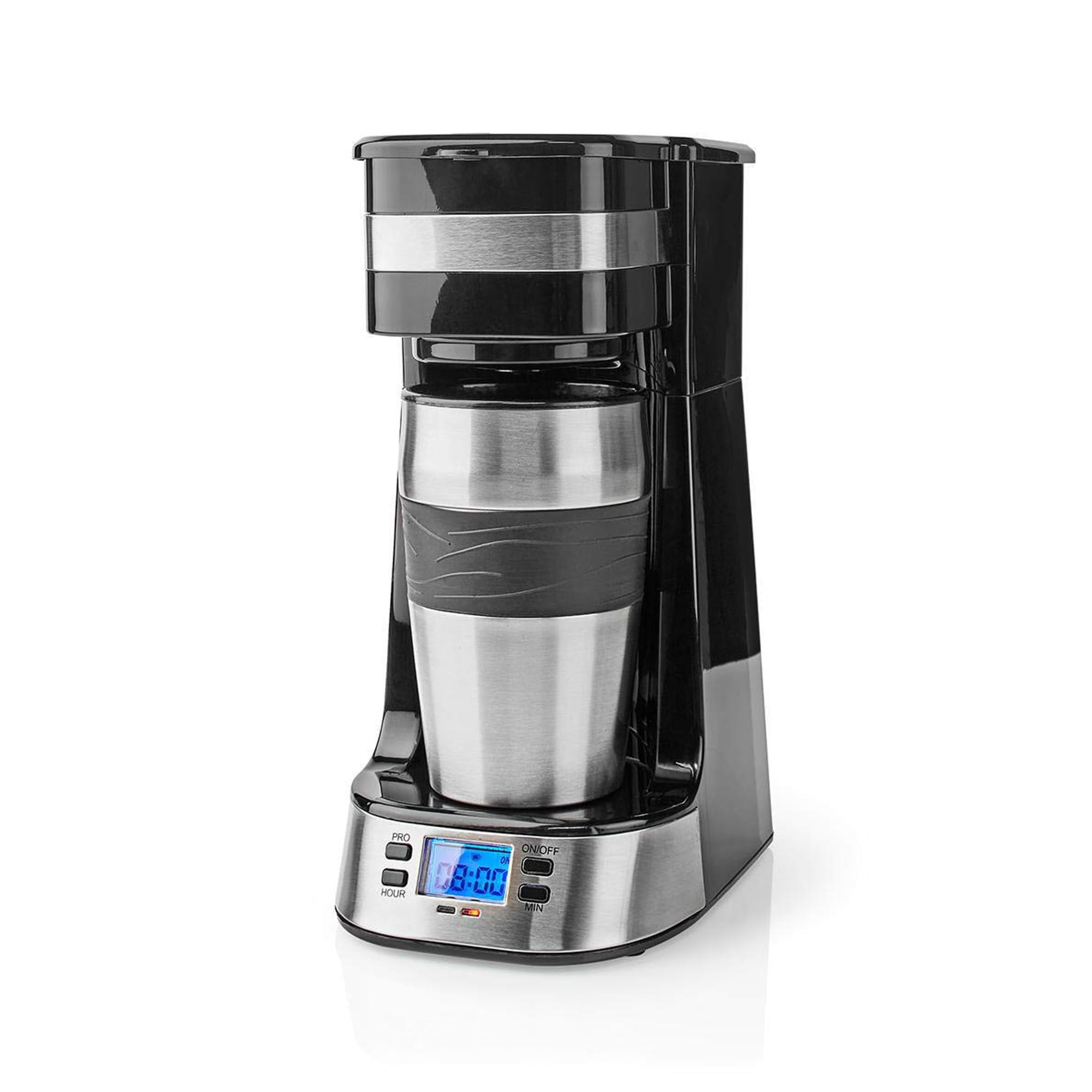 TronicXL Kleine Digitale 1 Tassen Kaffeemaschine Thermo Tasse Reisebecher Anti-Tropf Isolierung Kompakt Filterkaffee Filterkaffeemaschine Edelstahl silber schwarz Digital Display beleuchtet mit Timer