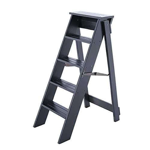MFLASMF Klappbare 5-Stufen-Leitern aus Holz Schwarz, Multifunktions-Kletterleiter-Regal, tragbare Stehleiter-Stühle für Hausküche oder Garten