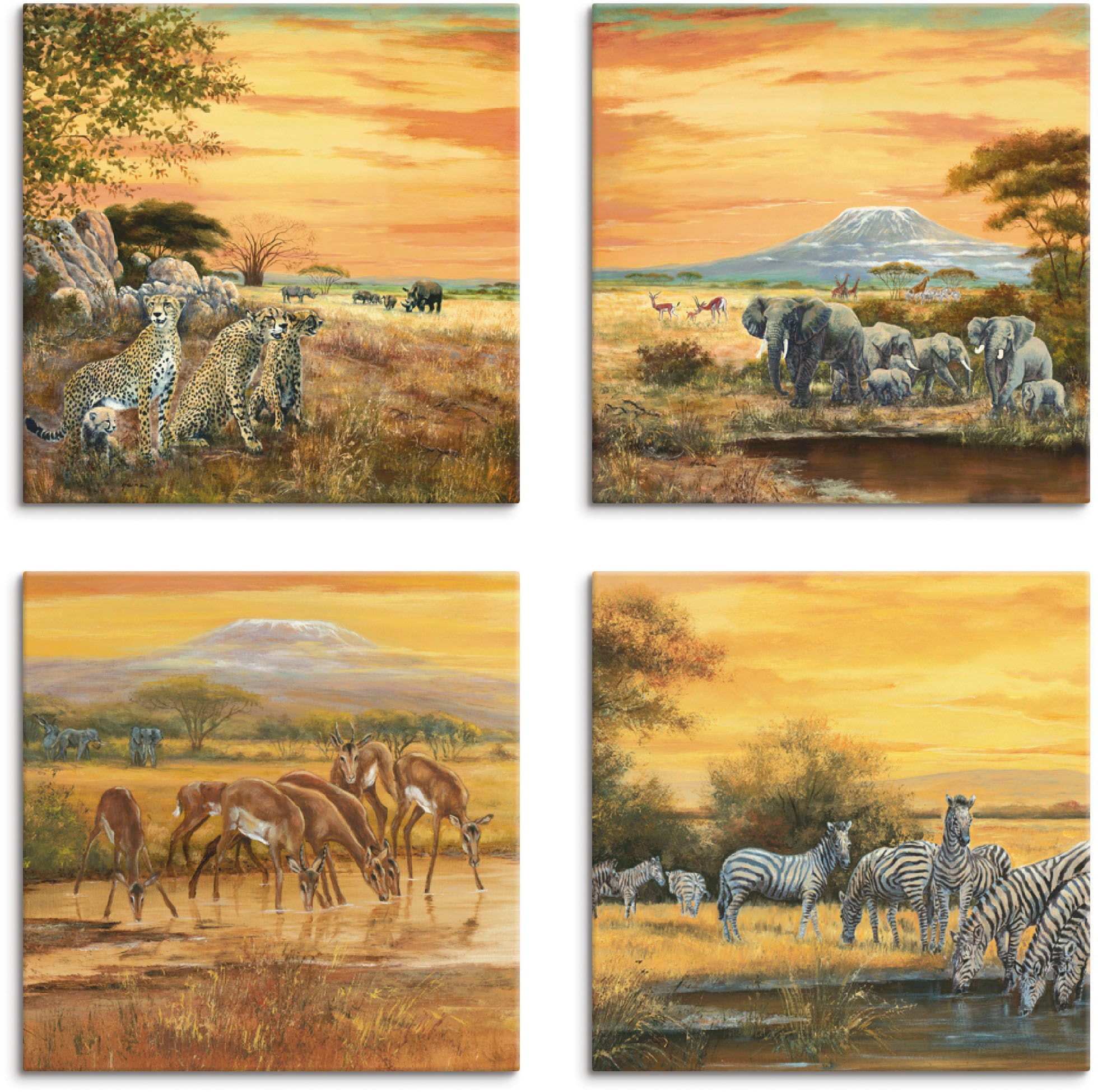 Artland Leinwandbild "Geparden Elefanten Zebras in der Steppe", Wildtiere, (4 St.)
