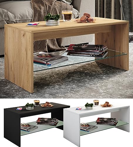 VCM Holz Couchtisch Sofatisch Wohnzimmertisch Beistelltisch Glas Wisal Honig-Eiche