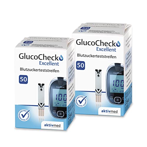 GlucoCheck Excellent Blutzuckerteststreifen, 100 Stück, zur Kontrolle des Blutzuckerwertes