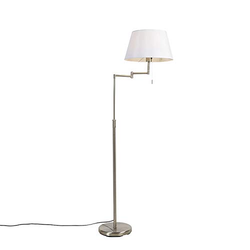 QAZQA - Modern Stehlampe aus Stahl | Silber | nickel matt mit weißem Schirm und verstellbarem Arm - Ladas Deluxe | Wohnzimmer | Schlafzimmer - Textil Rund - LED geeignet E27