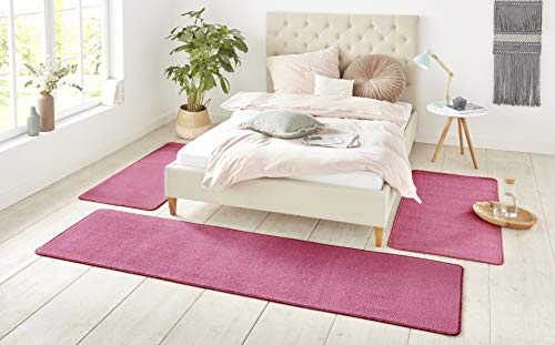 Hanse Home Nasty Teppich Bettumrandung 3-teilig – Bettvorleger Bettläufer Teppichläufer Kurzflor Einfarbig Unifarben Läufer-Set für Kinderzimmer Schlafzimmer - Uni Rosa, Pink, 2X 70x140cm 1x 70x240cm