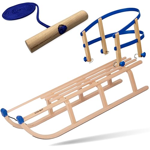 Explorer Colint Holz Schlitten mit Rückenlehne für Kinder und Erwachsene Set Davos mit Leine und Kunststoff/Holz Lehne in Blau 110cm