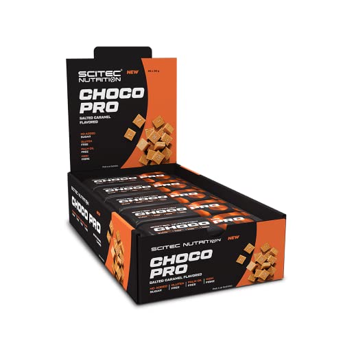 Scitec Nutrition Choco Pro Eiweißriegel mit Überzug in verschiedenen Sorten mit Süßungsmittel, glutenfrei und palmölfrei, 20 * 50 g, Salzigem Karamell