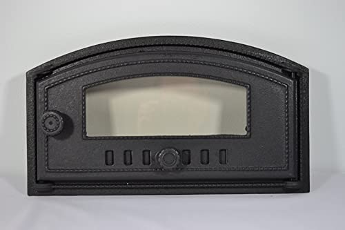 SEZAM Backofentür aus Gusseisen mit hitzebeständiger Glasscheibe, nach rechts öffnend, Pizzaofentür - Brotofen - Steinofentür, 48,5 x 6,5 x 27,5 cm - halbrund, schwarze Bemalung