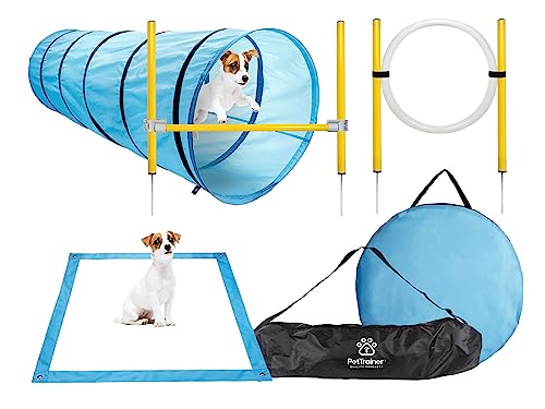 PetTrainer Agility Set Hunde mit Hundetunnel & Slalomstangen - Profi Agility Set & Zubehör für Hundetraining - Spiele & Trainings Zubehör - Longierset