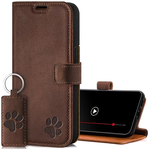 SURAZO Wallet Handyhülle für Apple iPhone 14 Pro Hülle Leder – Echtleder Schutzhülle mit Pfote Motiv – RFID Klapphülle [ Magnet, Standfunktion, Kartenfach ] Flip Cover Case Lederhülle (Nussbraun)