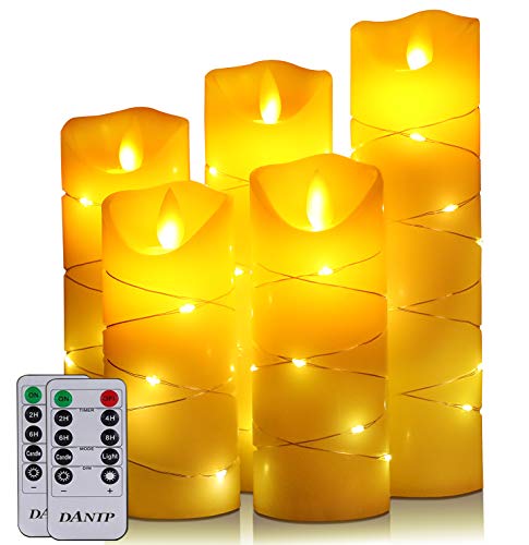 LED flammenlose Kerze, mit eingebetteter Lichterkette, 5-teiliger LED-Kerze, Fernbedienung mit 10 Tasten, 24-Stunden-Timer-Funktion, tanzende Flamme, echtes Wachs, batteriebetrieben. (Elfenbeinweiß)