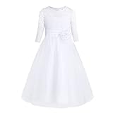 iixpin Mädchen Prinzessin Kleid Halb-Arm Weiß Kommunionkleid Party Kleid Spitze Festlich Festzug Brautjungfernkleid 104-164 Weiß 152