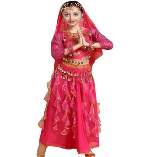 Kinder Mädchens Damen Bauchtänzerin Indische Langarm Top Rock Tanzkleid Kostüme Rose XL Höhengeeignet 135-150CM