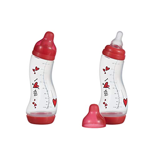 Difrax Anti-Kolik S-Babyflasche 2er Pack Natural mit ventil gegen Koliken - I Love You - Unisex Jungen Mädchen Rouge - Natural Kirschform 250 ml - Silikon Trinksauger