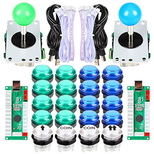 EG STARTS LED Arcade DIY Pièces 2x Zéro Retard codeur USB + 2x 8 Way joystick + 20x Boutons LED poussoirs lumineux pour Mame Jamma Arcade Projet vert + bleu Kits