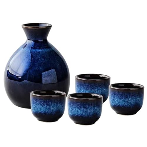 RSBFER Japanisches Sake-Set aus Keramik, 5-teiliges traditionelles Sake-Becher-Set, handbemalte Keramik-Weingläser, Porzellan-Keramik-Sake-Flasche, Kunsthandwerk, Saki-Becher
