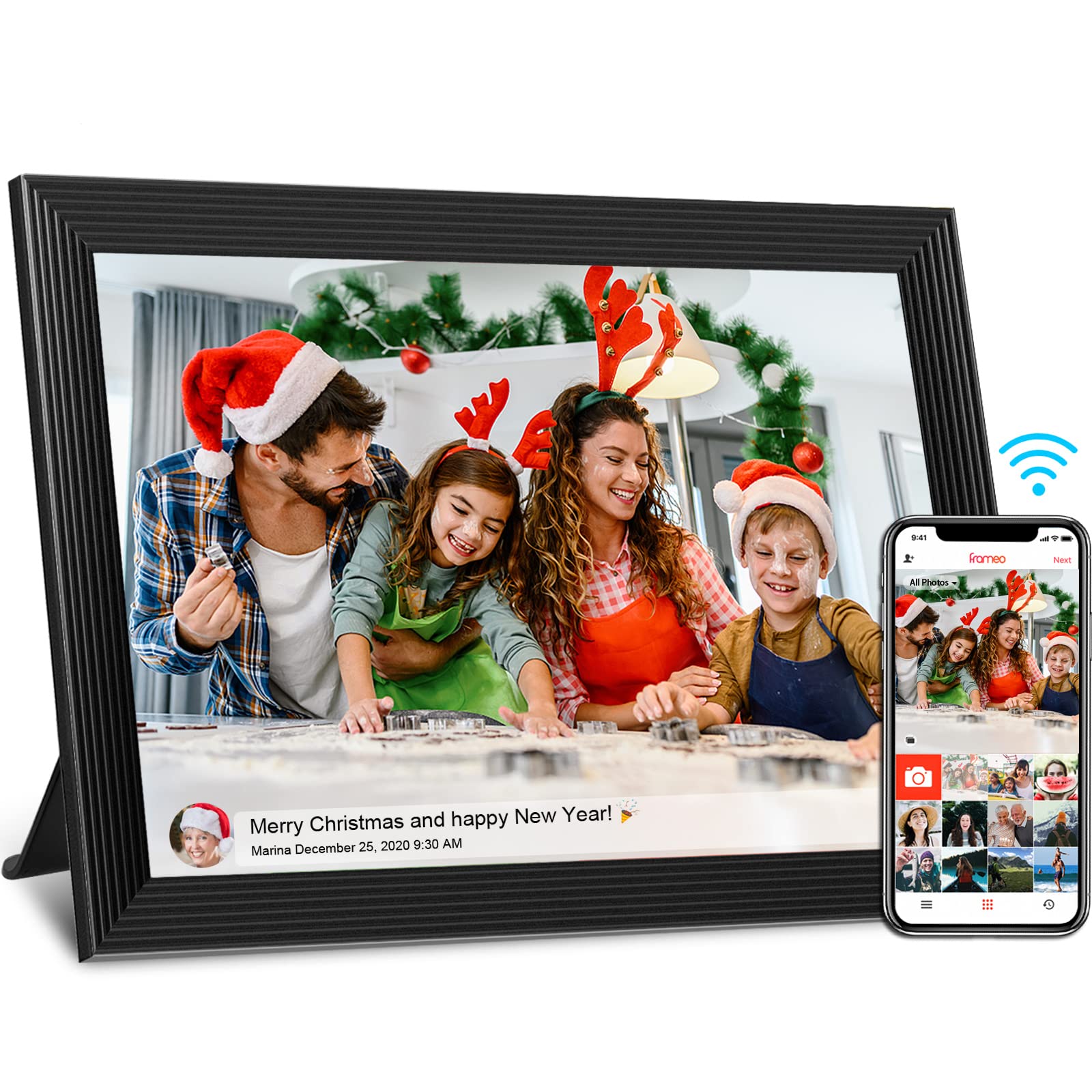 FRAMEO Digitaler Bilderrahmen, WiFi 10,1 Zoll 1280X800 IPS LCD Touchscreen, eingebauter 16 GB Speicher, automatisch drehbar, an der Wand montierbar, teilen Sie Momente sofort über Frameo App