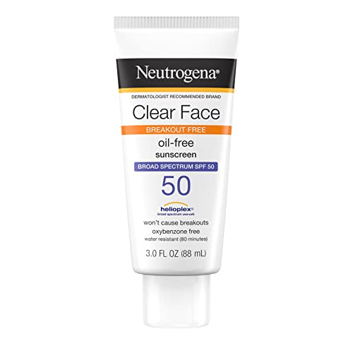 Neutrogena Clear Face Liquid Lotion Sonnenschutz für zu Akne neigende Haut, breites Spektrum LSF 50 UVA/UVB-Schutz, öl-, parfüm- & oxybenzonfreier Gesichtssonnenschutz, nicht komedogen, 0,8 l