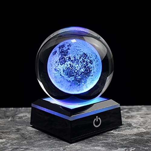 HONGYAN Kristallkugel 3D Mond Modell Astronomie Geschenk Kugel Dekorative Kugel Planeten Glaskugel Kugel Dekorative Miniatur Modell Ball (Color : with Led Base, Size : 8cm)
