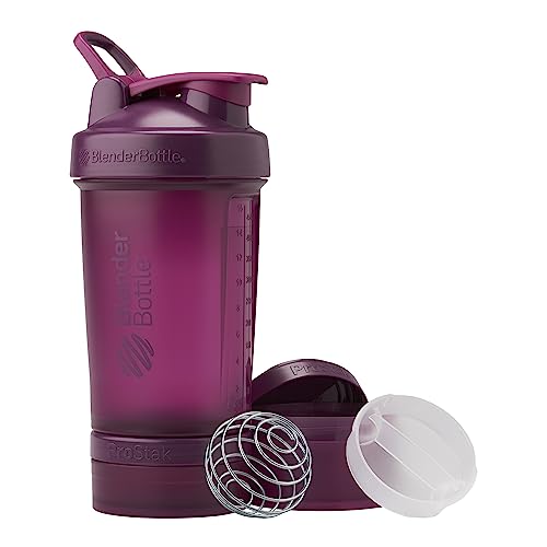 BlenderBottle ProStak PRO - Full Color , Shaker-Flasche mit Tablettenorganizer und Aufbewahrung für Proteinpulver, ProStak System, 625 ml, Plum