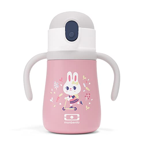 monbento - MB Stram rosa Bunny - Trinkflasche Kaninchen Kinder isotherme- 360 ml - Edelstahl trinkflasche mit Trinkhalm Trinkhalm - Griff & Gurt