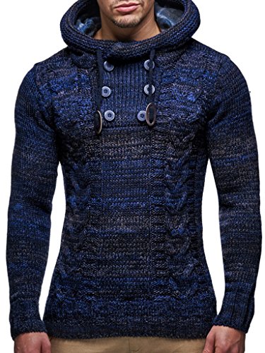 Leif Nelson Herren Strick-Pullover Strick-Pulli mit Kapuze Moderner Winter Woll-Pullover Langarm-Sweatshirt Slim Fit LN20227 Dunkel Blau X-Large