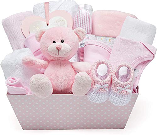 Neuer Babyparty Geschenkkorb in Rosa - mit Fleece, Kapuzenhandtuch, Babykleidung, 2 Mulltüchern und süßem Teddybär - Taufgeschenke für Mädchen oder Junge