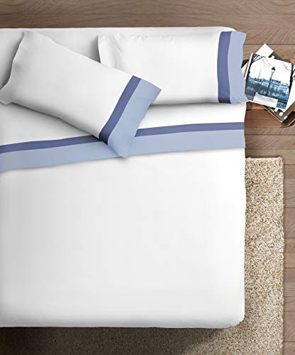 Bettwäsche-Set mit Doppel-Rüschen, aus Baumwolle, für Doppelbett, Satin, hellblau/Jeans, weiß
