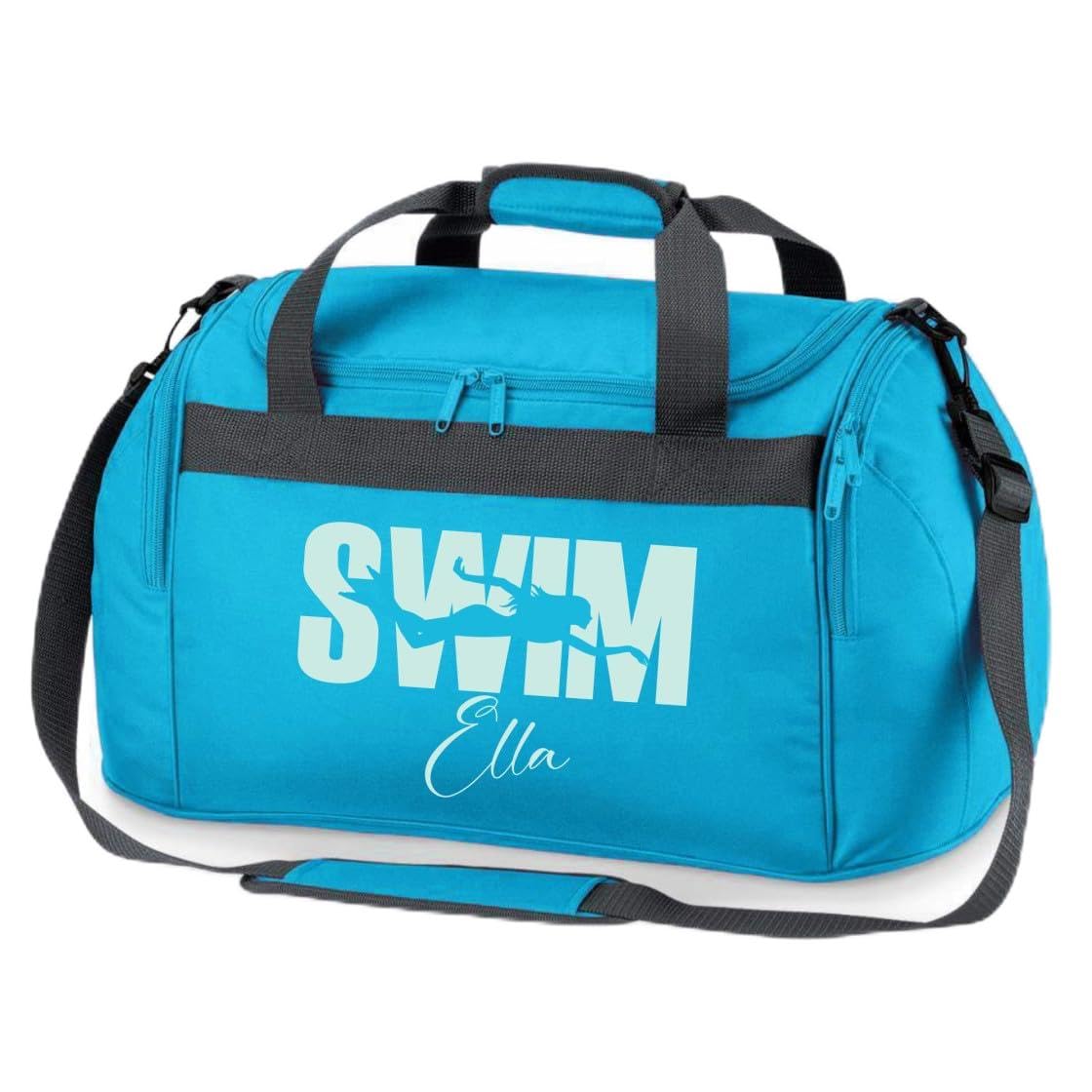 minimutz Sporttasche Schwimmen für Kinder - Personalisierbar mit Name - Schwimmtasche Swim Duffle Bag für Mädchen und Jungen (türkis)