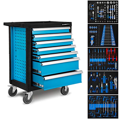 EBERTH Werkstattwagen blau inkl. Werkzeug (7 kugelgelagerte Schubfächer, 5 Schubladen mit Werkzeug bestückt, abschließbar, 2 Lenkrollen, Feststellbremse, pulverbeschichtet)