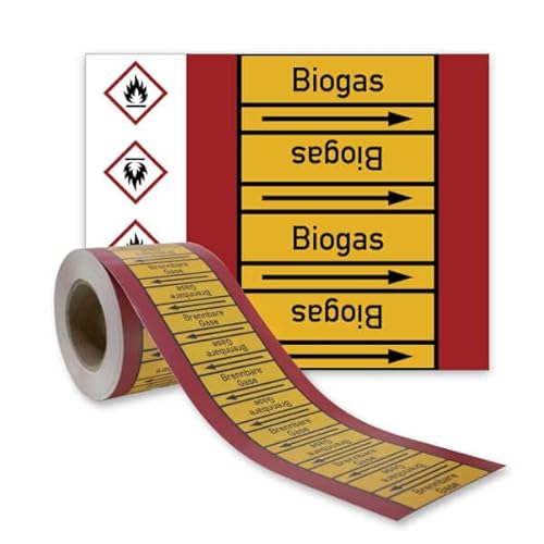 Betriebsausstattung24® Rohrleitungsband „Biogas“ | PET-Folie mit Schutzlaminat starkhaftend & selbstklebend | Rolle BxL: 8,0 cm x 33,0 m | Rohrkennzeichnung nach DIN 2403