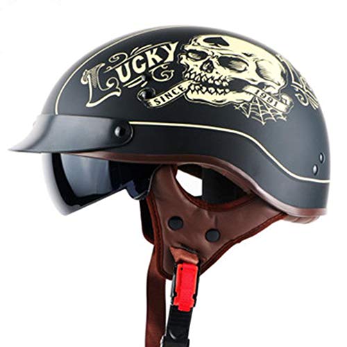 ZLYJ Motorrad Helm, Halbschale Vintage Style Harley Helm mit Visier, Halbschalenhelm ECE Zertifizierung Jethelm Für Damen Und Herren, für Cruiser Chopper Biker Lucky Skull
