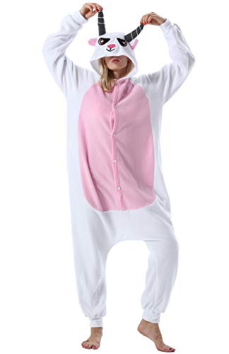 ULEEMARK Damen Jumpsuit Onesie Tier Fasching Halloween Kostüm Lounge Sleepsuit Herren Cosplay Overall Pyjama Schlafanzug Erwachsene Unisex Ziege for XL